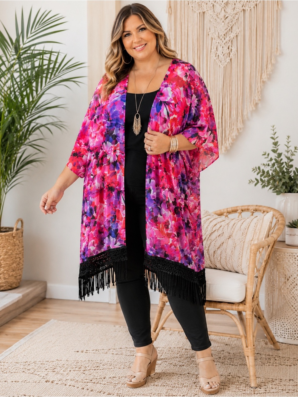 Catalina 2X 18W/20W Floral Kimono Cover Up Black Fringe Plus Size Boho A30